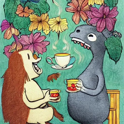 Image similar to highly detailed illustration of friendly monsters laughing and dancing around beautiful warm cups of coffee, amongst coffee beans and flowers, and rainbows in the style of Japanese illustration, Maurice Sendak, Tove Jansson