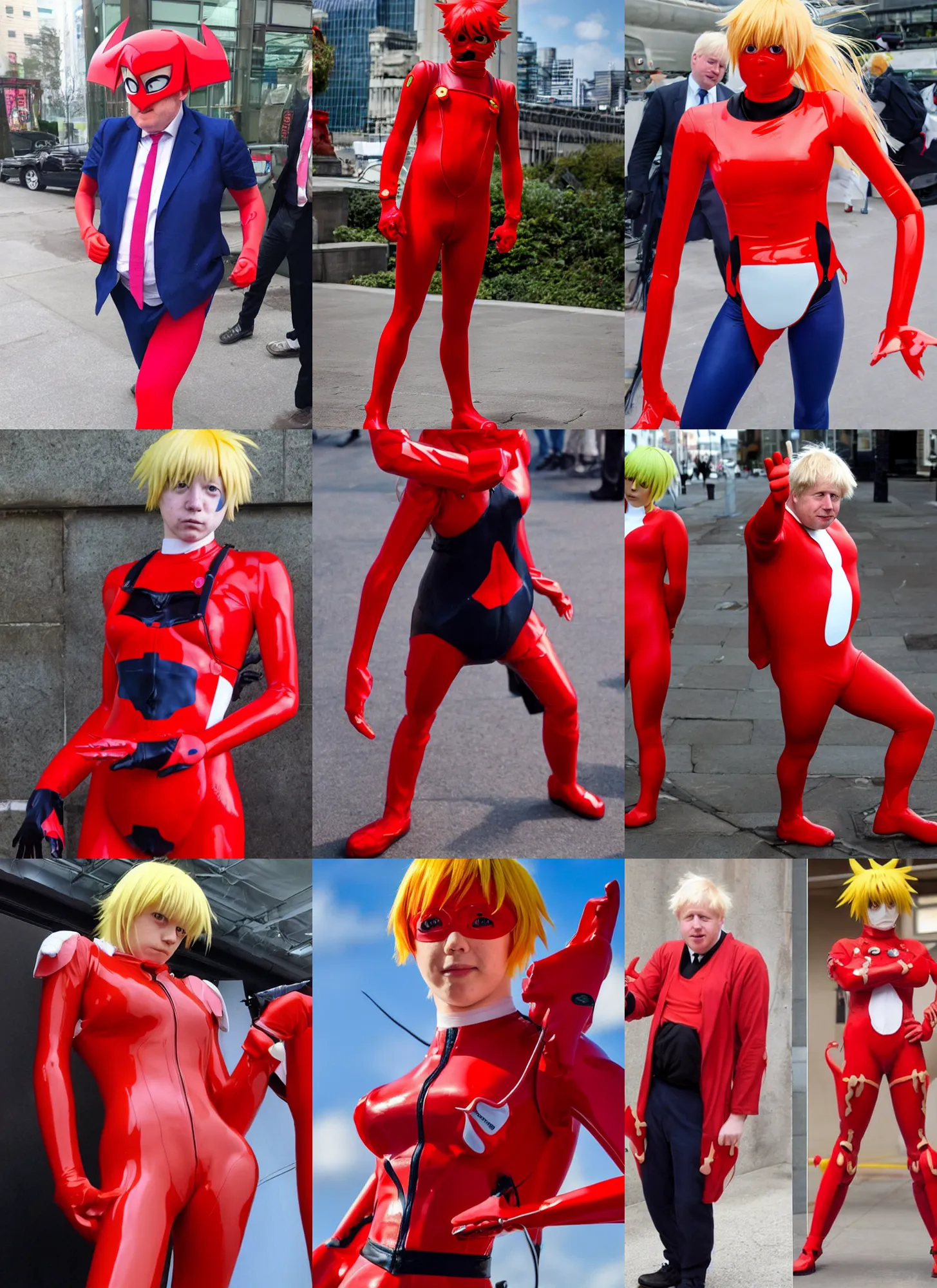 Prompt: boris johnson cosplaying as asuka langley from evangelion, anime convention, red body suit, high quality, detailed, sigma 8 5 mm