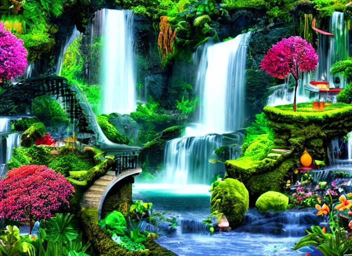 Prompt: hidden gardens in 4 th dimension, impossible architecture, waterfalls, relaxing, vivid colors, colorful, vibrant