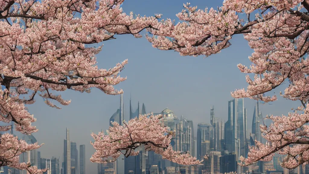 Image similar to Peach blossoms bloom along the Shanghai skyline, The soft pinks and greens of the flowers are offset by the blue of the sky and the gray of the cityscape. HD, Octane render 8K, 200mm, f1.8, wide angle,