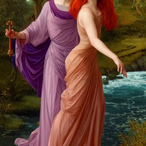 Prompt: a highly detailed byzantine painting of scarlett johansson and emma watson as red haired queens walking through a waterfall in a gossamer purple dress, epic fantasy, stormy night, viewed in profile from far away, ultrawide lens, art by artgerm and greg rutkowski and alphonse mucha, volumetric lighting, 4 k resolution, trending on artstation, masterpiece