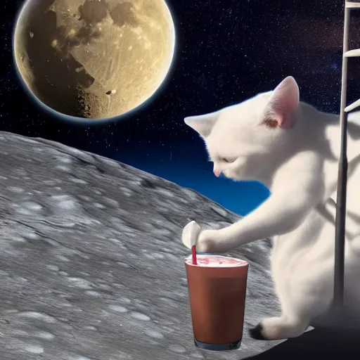 Image similar to a cat drinking a milkshake on the moon, high detail, vivid, portrait, great detail, 8 k, 4 k uhd, high definition, realistic