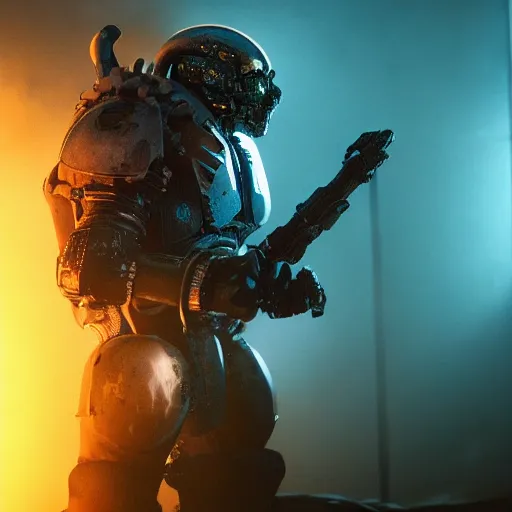 Prompt: cyberpunk rock golem as a space marine smoking a cigarette, still from the movie predator, fog, dramatic lighting, cinematic, 4 k, full body shot, spotlight from above, rim lighting, full body photgraph, shap, football armor, cyberpunk, bladerunner, extreme detail, light rain, trending on artstation, spot light