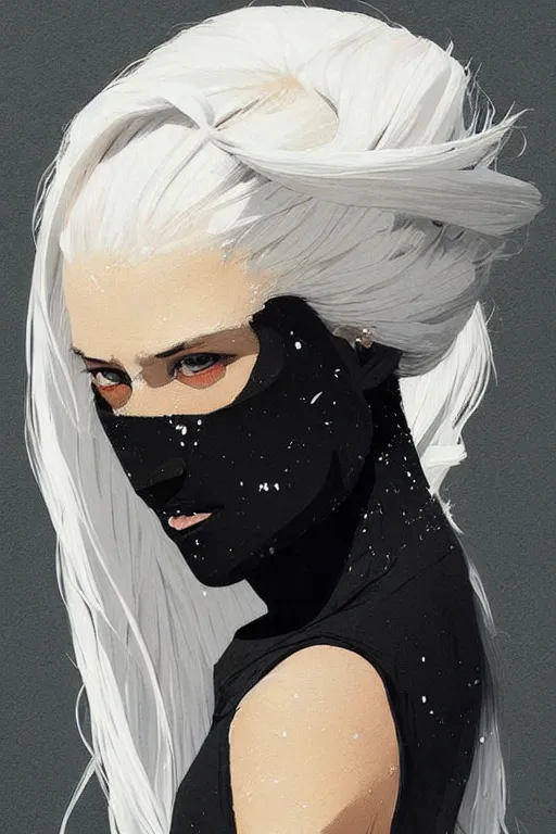 Image similar to a ultradetailed beautiful painting of a stylish woman in with white hair in a ponytail, she is wearing a black tank top, by conrad roset, greg rutkowski and makoto shinkai trending on artstation