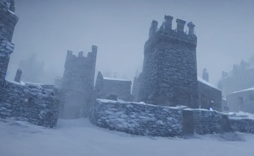 Image similar to winterfell in the snowstorm, doomy, Unreal Engine, cinematic photography, highly-detailed, games of thrones, HBO, high resolution, 8k, photorealistic, stunning volumetric lighting