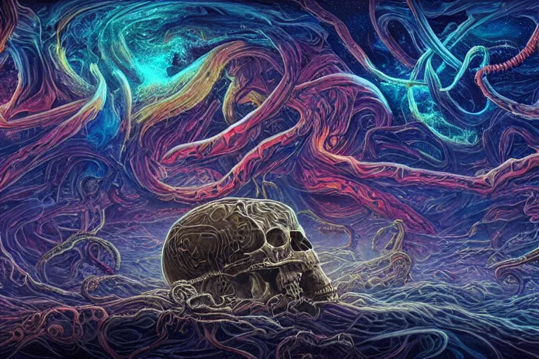 Image similar to a giant skull and flesh creature with deep and intricate rune carvings and twisting lovecraftian tentacles emerging from a space nebula by dan mumford, twirling smoke trails, a twisting vortex of dying galaxies, collapsing stars, digital art, photorealistic, vivid colors, highly detailed, intricate