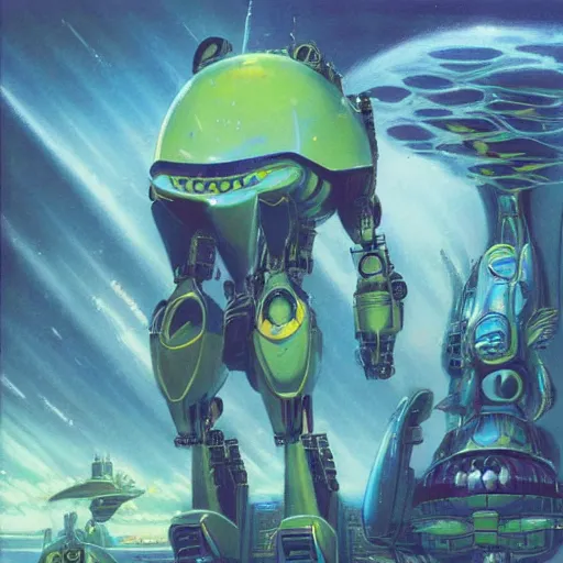 Prompt: a large anthropomorphic dolphin shaped mecha by paul lehr and moebius