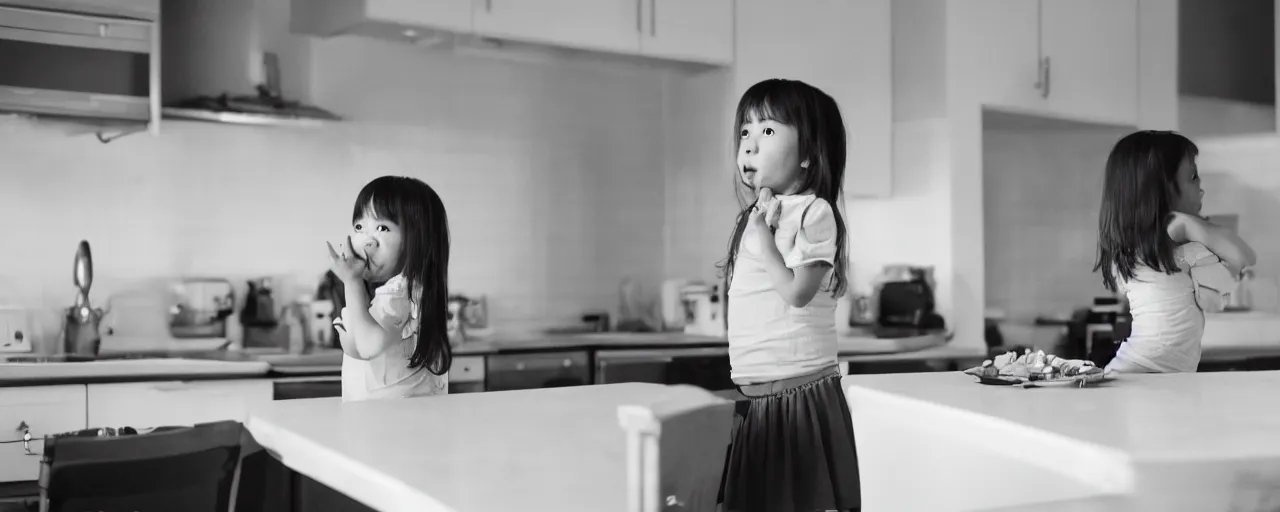 Prompt: cinematic shot of a little girl seeing her parents argue in the kitchen, dark, shot on 24mm Arri Prime f1.9
