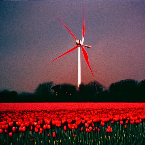 Image similar to “a burning wind turbine in a field of tulips at night time. It is night and very dark. Fireworks in the night sky. 35mm film. Cursed image.”