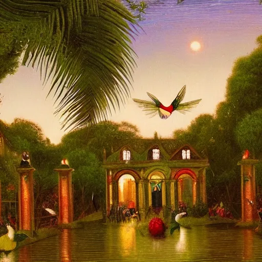 Prompt: many jewel colored hummingbirds with milky eyes hovering around plants in front of a sprawling manor in a renaissance architecture city street at night with rainforest greenery, hudson river school style, illustration, bright colors