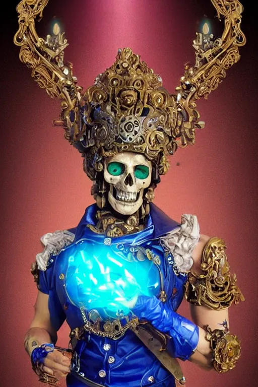 Prompt: a young handsome Spanish metal android with a large glowing sakura-color lit crystal in the center of his chest, full-body bronze cyberpunk style statue of Icarus with glowing blue eyes, crown of mechanical peach roses, flowing teal-colored silk, fabric, steampunk flowers. baroque elements, human skull. full-length view. baroque element. intricate artwork by caravaggio. many flying horses on background. Trending on artstation, octane render, cinematic lighting from the right, hyper realism, octane render, 8k, depth of field, 3D