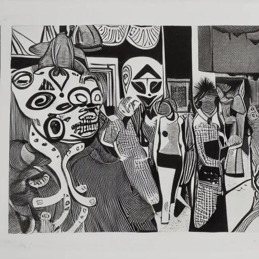 Image similar to A black and white screen print of gallery exhibition view from the 60s, anthropology, colonial, wild, exotic, masks, ethnography, screen printing