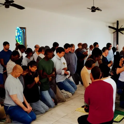 Prompt: a crowd of people prays to a lamp on a floor