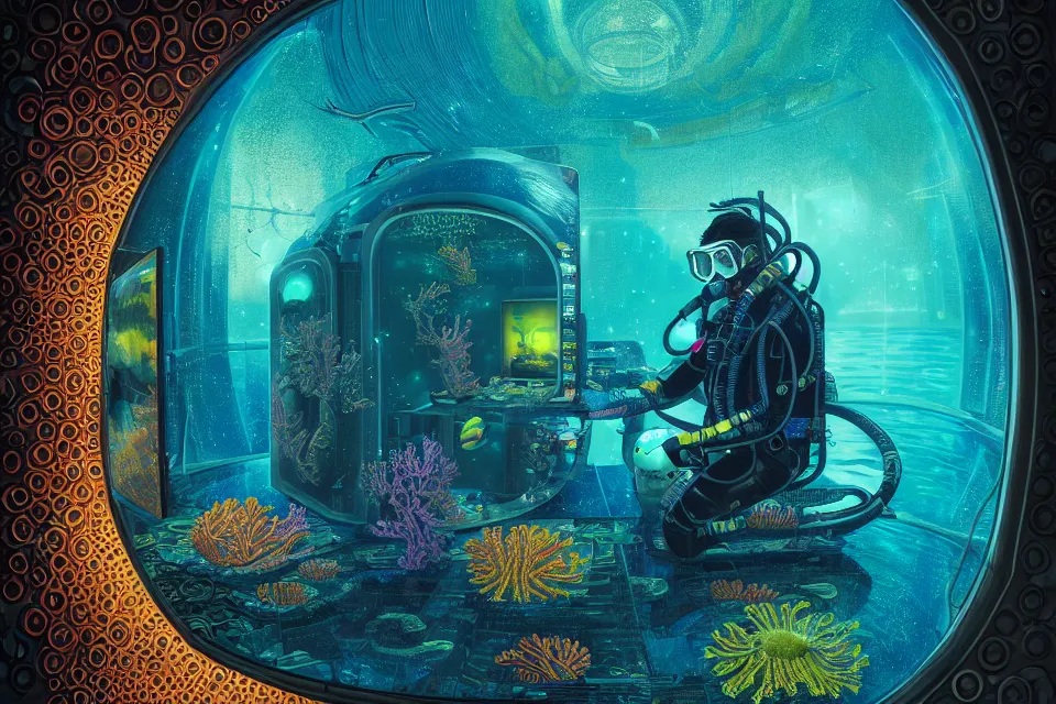 Image similar to detailed portrait of a cyberpunk scuba diver inside a dmt portal, cinematic lighting, corals, big mirrors, stacked computer screens, science lab, 8 k high resolution, by james r eads and tomasz alen kopera