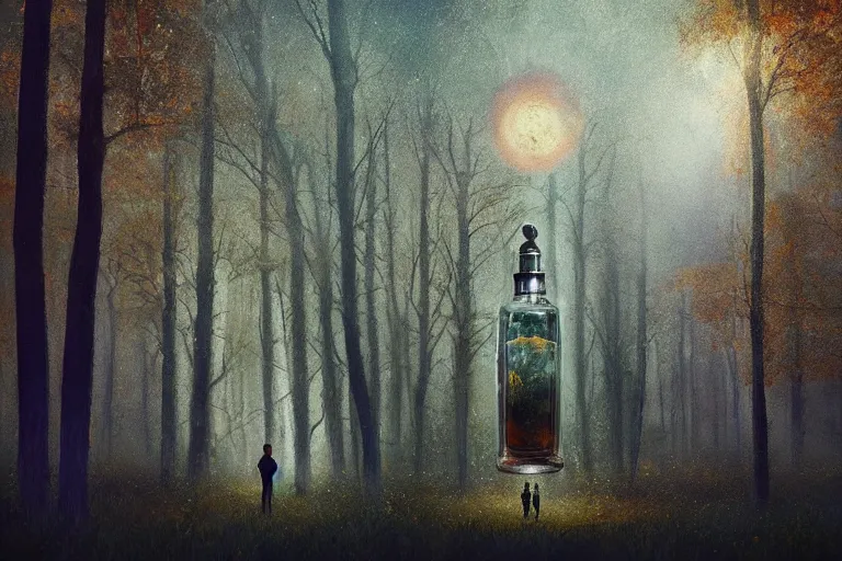 Prompt: giant perfume bottle in dark leaves and enchanted forest surreal photography, dark night, stars, moon light, impressionist painting, clouds, hyper - realistic, simon stalenhag