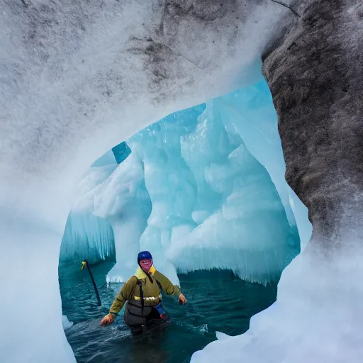 Image similar to narrow ice cave with low ceiling and narrow rough river running through it, surreal,