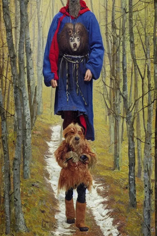 Prompt: slavic dog head man, woolen torso in medieval clothes, painting by whimmy art, walking in the forest, orthodox saint christopher, oil painting, painting by viktor vasnetsov, concept art, hyperrealism, beautiful, high resolution, trending on artstation,