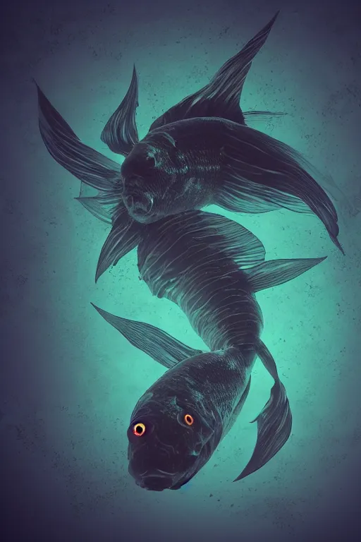 Prompt: an abyssal lumininescent scary fish swimming in the dark depths of the ocean, horror, dark art, 3 d render, digital art, digital painting, volumetric light.