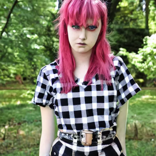 Prompt: teenage punk rock photography plaid skirt band shirt