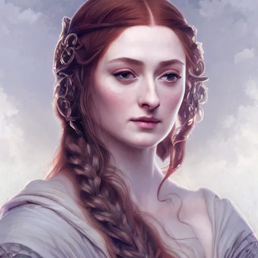 Prompt: portrait of sansa stark with long hair, intricate, elegant, highly detailed, digital painting, artstation, concept art, smooth, sharp focus, illustration, art by artgerm and greg rutkowski and alphonse mucha and william - adolphe bouguereau