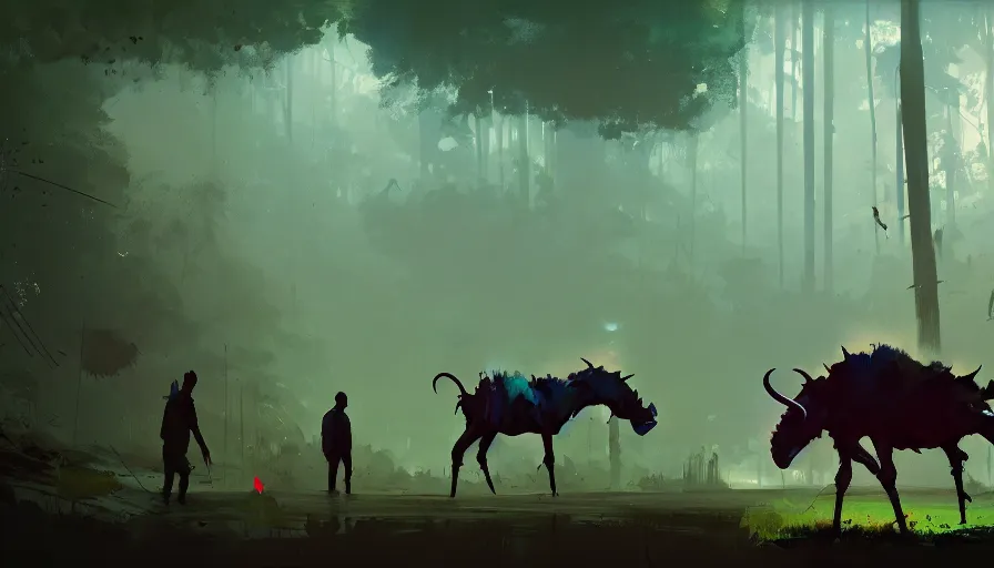 Image similar to ismail inceoglu and jama jurabaev's concept art, cel shadow, film shooting, trends on artstation, high quality, brush strokes, bright colors, giant demon goat skull in mysterious rainforest