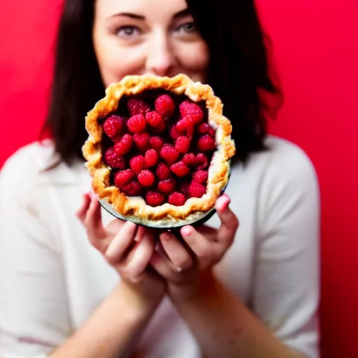 Image similar to A woman holding raspberry pie, red background