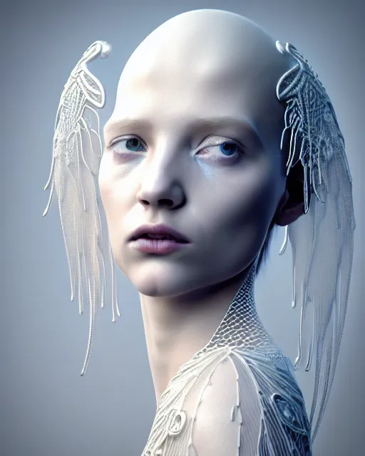 Image similar to dreamy soft luminous bw 3 d octane render, beautiful spiritual angelic biomechanical albino girl cyborg with a porcelain profile face, very long neck, rim light, big leaves and stems, roots, fine foliage lace, alexander mcqueen, art nouveau fashion embroidered collar, steampunk, silver filigree details, hexagonal mesh wire, mandelbrot fractal, elegant