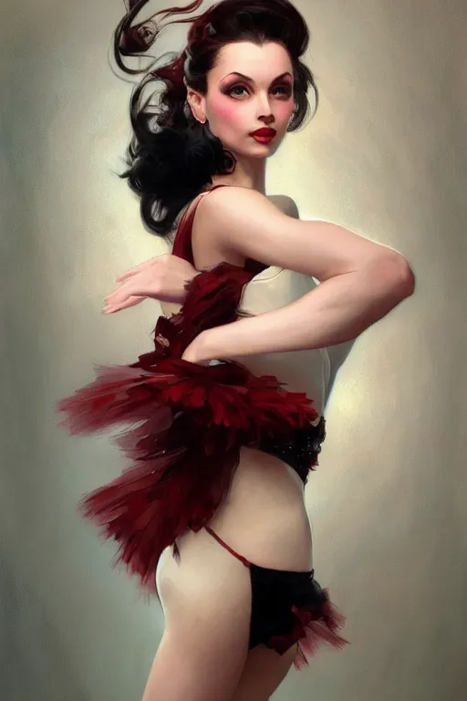 Image similar to a beautiful portrait of ballerina with long black and deep red colored hair dressed as a 1 9 6 0 s go - go dancer, intricate, elegant, highly detailed, digital painting, artstation, concept art, matte, sharp focus, illustration, art by greg rutkowski and alphonse mucha