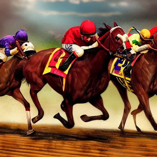 Prompt: kentucky derby horse race with a close finish at the finish line + dramatic, motion, racing, photorealistic horses, photorealistic jockeys, photorealistic : : 1 + style of john collier and leroy neiman + octane render, trending on artstation, artgerm, behance