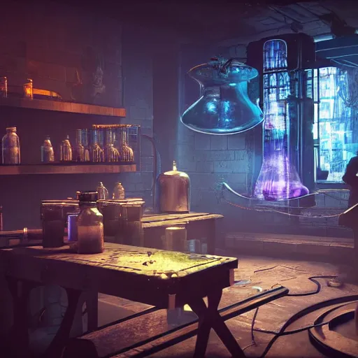 Prompt: cyberpunk alchemy laboratory full of potions, there is a girl trying to reach a potion. stunning 3 d render, flesh texture, realistic, highly detailed attributes and atmosphere, dim volumetric cinematic lighting, 8 k octane detailed render, post - processing, masterpiece, rtx on, rendering on unreal engine