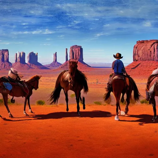 Prompt: the wild west, cowboys riding horses, monument valley, blue sky, american romanticism, masterpiece, oil painting, 4 k render