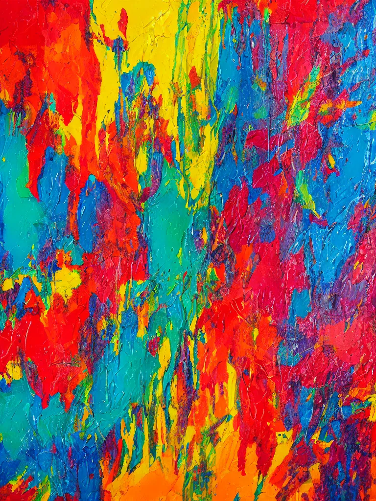 Prompt: abstract multiple layers of vibrant color paint dripping and running down a canvas, oil on canvas, detailed