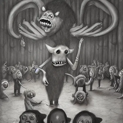 Image similar to a hyperrealistic painting of a demon performing at a childrens birthday party, by john kenn mortensen, highly detailed,