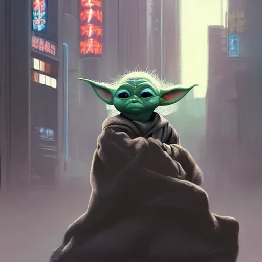 Prompt: Baby Yoda in future japan at night, concept art, fine details, studio ghibli, cinematic lighting, ghost-in-the-shell, cyberpunk,sci-fi, fantasy, intricate, elegant, highly detailed, digital painting, trending on artstation, concept art, smooth, sharp focus, illustration, by james gurney and greg rutkowski