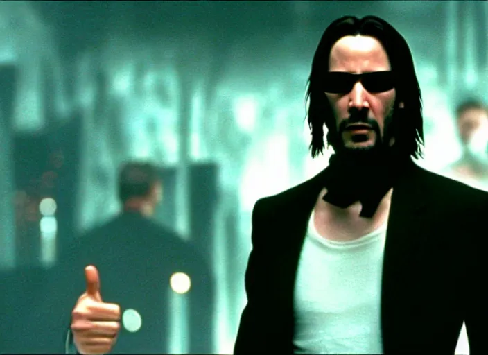 Image similar to Movie still of Keanu Reeves as Neo in The Matrix movie doing a thumb up to the camera in front on burning servers, servers in flames in the background, doing a thumb up, The Matrix servers on fire, uncropped, full body, crispy, symmetrical face, ultra detailed, cinematic, thumb up, double thumb up to the camera