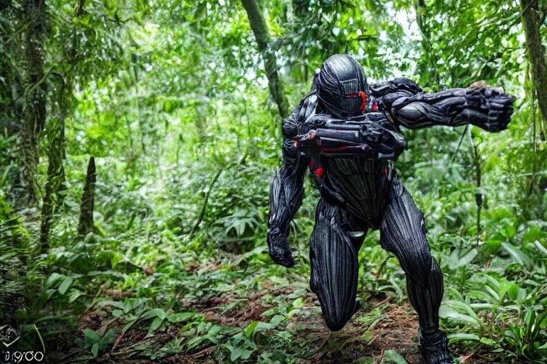 Image similar to Crysis Nanosuit shooting at enemies in a jungle combat photography 2022, Canon EOS R3, f/1.4, ISO 200, 1/160s, 8K, RAW, unedited, symmetrical balance, in-frame,