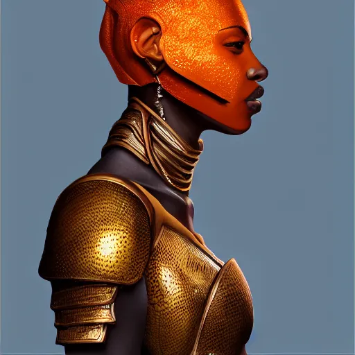 Prompt: side profile portrait of an african american woman with an orange glow on her face medieval metallic knight armor, artstation, cgsociety, masterpiece, dark fantasy