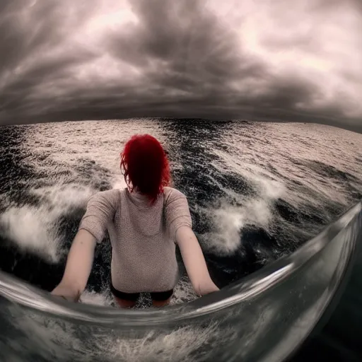 Prompt: Selfie!!!!! of a frightened!!!!! woman, in the middle of the ocean!!!!!, nighttime!!!!, cloudy dark sky, first-person view, fisheye!!!!! lens!!!!!, photorealistic image, trending on artstation, 4k, 8k