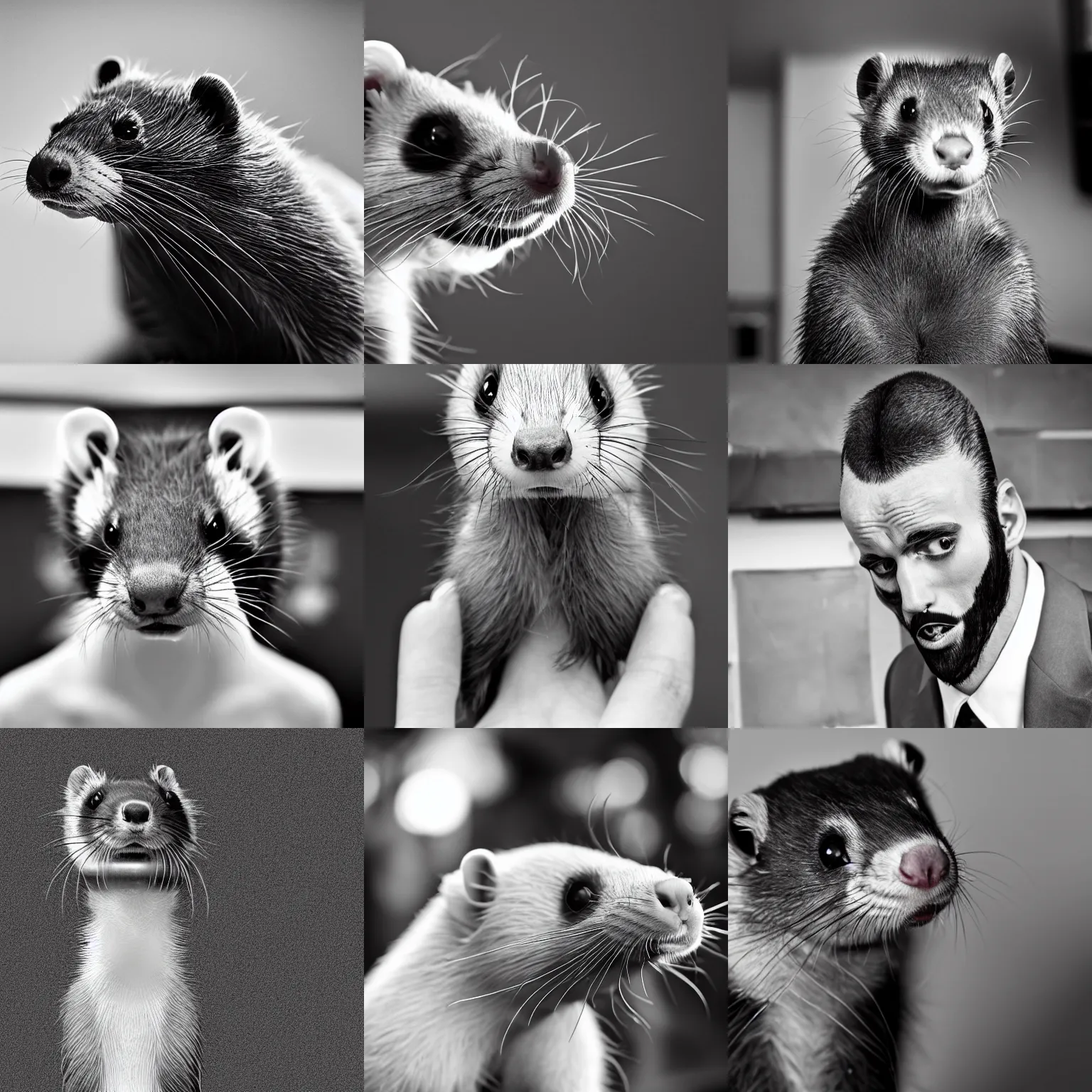 Prompt: A photo of an anthropomorphic gigachad ferret with a pronounced jawline, b&w