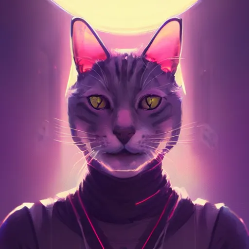 Image similar to detailed portrait of a cat, synthwave, retrowave, cyberpunk, illustration by Jordan Grimmer and Greg Rutkowski, trending on Artstation