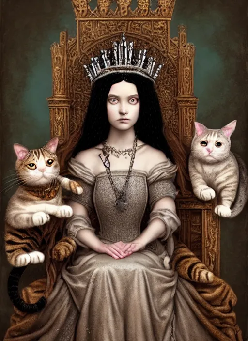 Image similar to highly detailed closeup portrait of a goth medieval queen wearing a crown and sitting on a throne, surrounded by cute cats, unreal engine, nicoletta ceccoli, mark ryden, earl norem, lostfish, global illumination, god rays, detailed and intricate environment