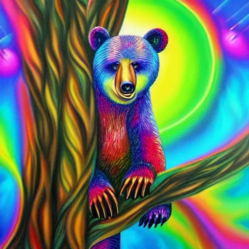 Image similar to a painting of a bear in a tree, an airbrush painting by lisa frank, trending on deviantart, psychedelic art, detailed painting, airbrush art, acrylic art