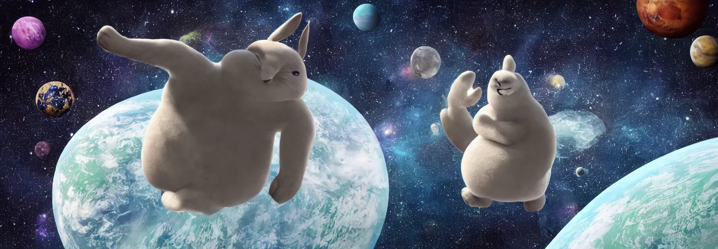 Prompt: photo of big chungus floating in space