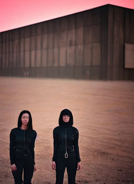 Prompt: cinestill 5 0 d photographic portrait of two loving female androids wearing rugged black techwear on a desolate plain with a red sky, extreme closeup, lizard on ground, cyberpunk style, in front of a brutalist dark metal facility, dust storm, 3 5 mm, high resolution, 8 k, hd, f / 3 2, ultra realistic faces