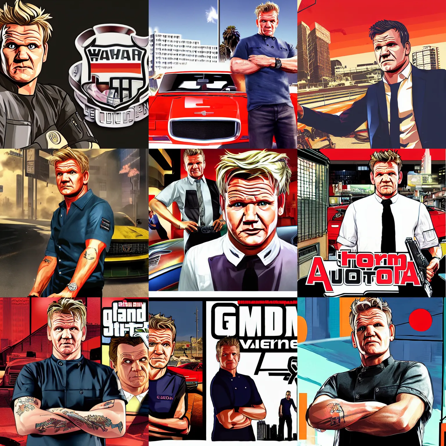 Prompt: gordon ramsay in gta v promotional art by stephen bliss, no text