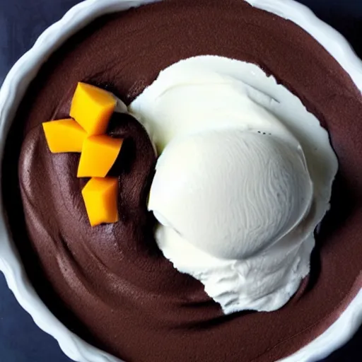 Image similar to A bald eagle made of chocolate powder, mango, and whipped cream