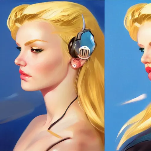 Image similar to portrait of beautiful girl with blond hair and blue eyes, League of Legend illustration by Sam Youn:1, profile picture by Gil Elvgren:2, asymmetrical, Organic Painting, Ambient Occlusion:3, Matte Painting, bold shapes, hard edges, street art, trending on artstation, realistic:2 by Sachin Teng:5