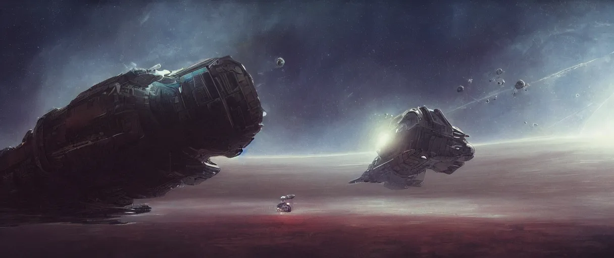 Prompt: concept art, exploration spaceship drifting in space, the expanse tv series, industrial design, industrial apparent, immensity, wide angle, cinematic lighting, 4k, widescreen ratio, by sparth, beksinski