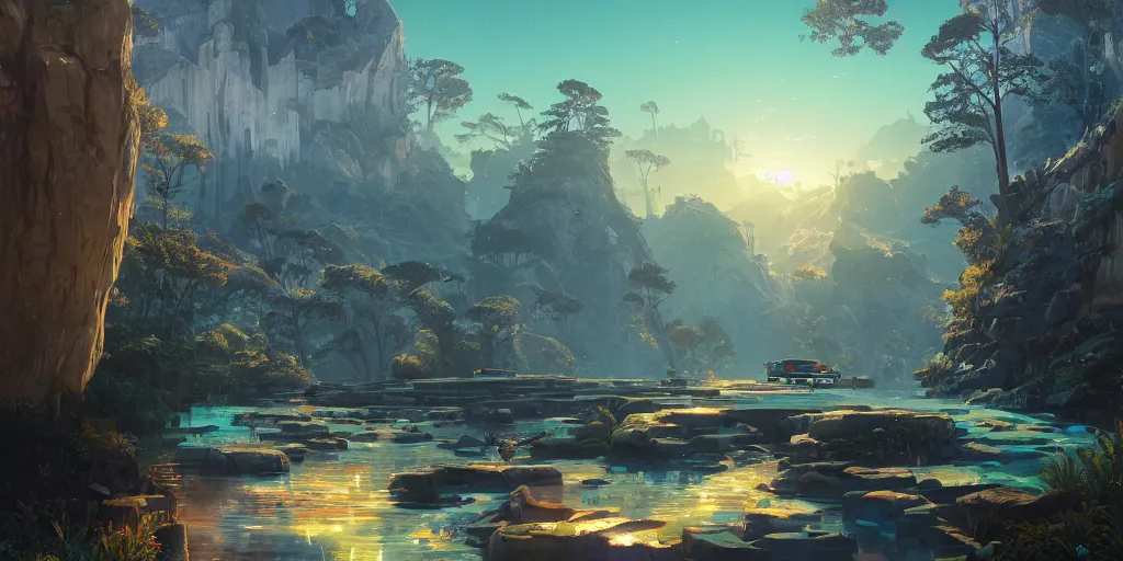 Image similar to a gleaming crystal archipelago in gta v, stephen bliss, unreal engine, illustration, fantasy art by greg rutkowski, loish, rhads, ferdinand knab, makoto shinkai and lois van baarle, ilya kuvshinov, rossdraws, tom bagshaw, global illumination, radiant light, detailed and intricate environment