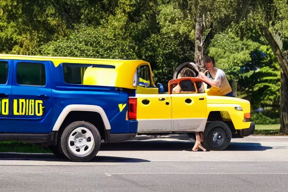 Prompt: a full shot of mark zuckerberg laying on the front of a yellow jeep in someone's driveway